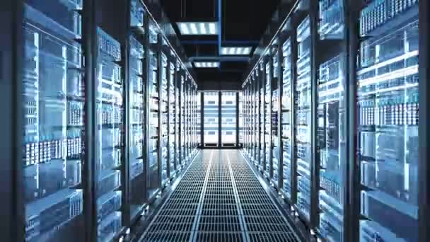 Caméra descendante prise de vue d'un centre de données de travail plein de supports de serveur 