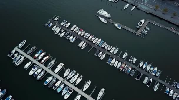 Panorama aéreo da cidade de verão com porto e iate clube perto com estrada — Vídeo de Stock