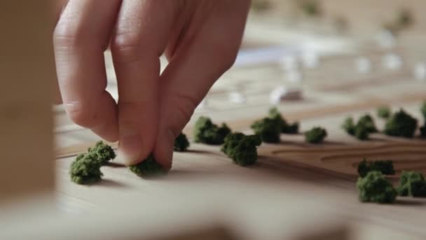 Майстер облаштовує декоративні чагарники з пальцями на дерев'яному плануванні — стокове відео