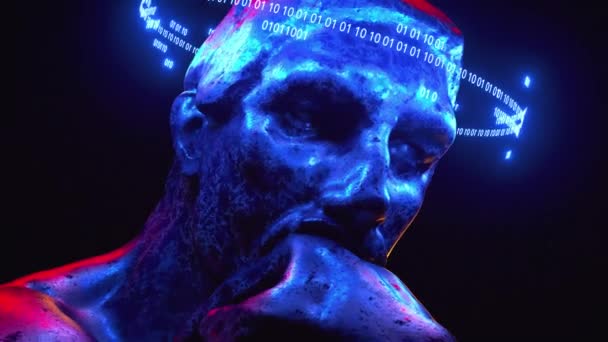 3D анімація, що сидить історичний чоловік з каменю з елементами hi-tech — стокове відео