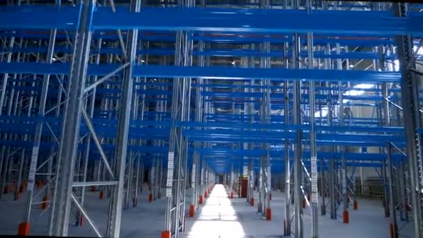 Innen Große moderne Industriestrukturen Lagergebäude mit Metallregalen — Stockvideo