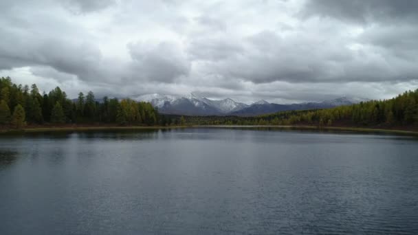 Beautiful Panoramic Bright Forest on Horizon Snowy Mountains Peaks and Pond 4k — Stock Footage Beautiful Panoramic Bright Forest on Horizon Snowy Mountains Peaks and Pond 4k Royalty Free Stock Footage