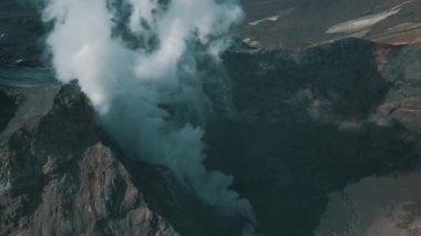 Drone View Smoking Active Crater of Volcano Epic Panorama Arazi 4k