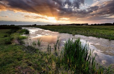 Hollanda Tarım arazileri kanalda üzerine yaz günbatımı