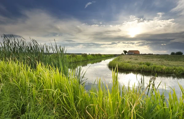 Solstrålar Över Huset Floden Och Äng Sommar — Stockfoto