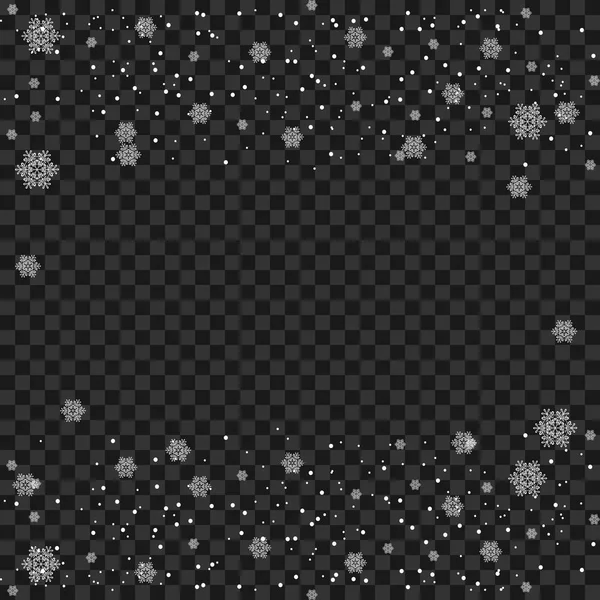 Copo de nieve transparente. Blanco brillante polvo de nieve rastro partículas brillantes, brillante vector de fondo. Efecto nevada. Partículas redondas brillantes. Celebración y fiesta . — Vector de stock