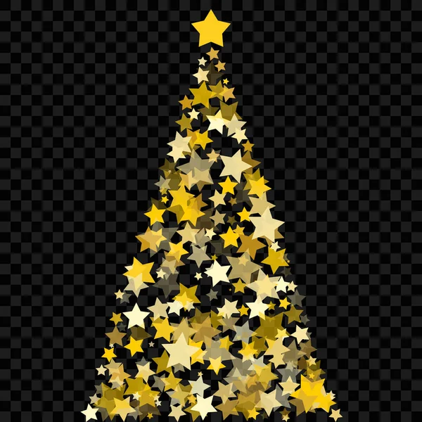 Julgran av stjärnor på den genomskinliga bakgrunden. Guld julgran som symbol av gott nytt år, god jul semester firande. Vektorillustration — Stock vektor