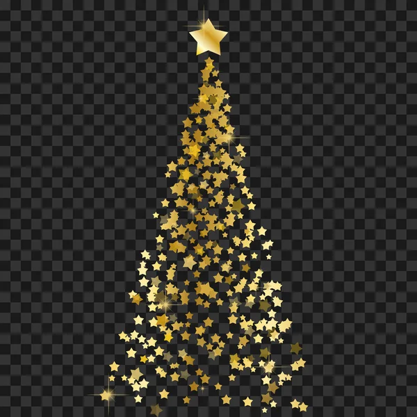 Vánoční strom z hvězd na průhledném pozadí. Zlaté vánoční strom jako symbol šťastný nový rok, Veselé Vánoce veselé. Vektorové ilustrace — Stockový vektor