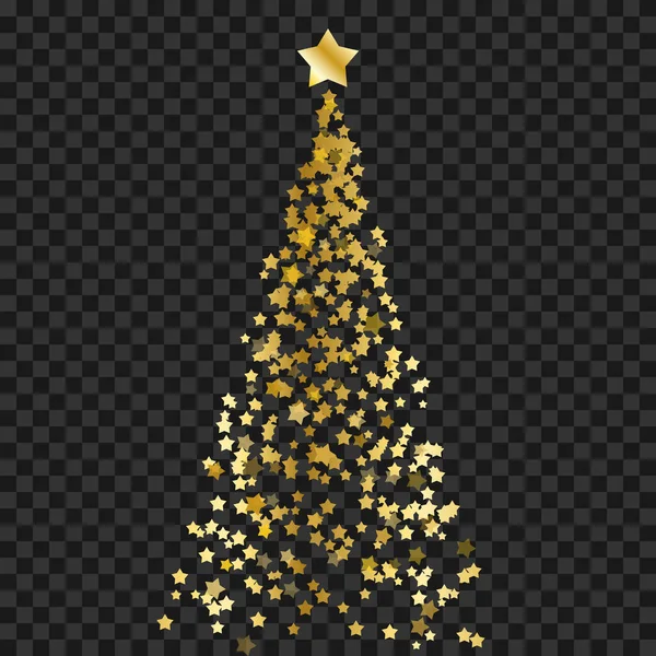 Albero di Natale di stelle sullo sfondo trasparente. Albero di Natale d'oro come simbolo di Felice Anno Nuovo, Buon Natale festa. Illustrazione vettoriale — Vettoriale Stock