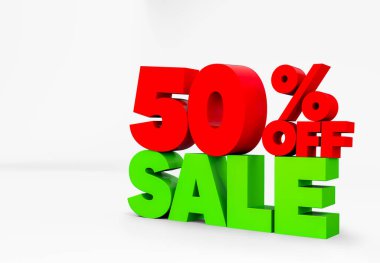 Üç boyutlu çizim. Yüzde 50 kırmızı promosyon indirimi yeşil