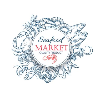 Deniz ürünleri el yapımı poster menüsü vektör çizimi yengeç, ıstakoz, kabuklu deniz ürünleri, somon, ahtapot, kalamar, midye, ton balığı ve baharat..
