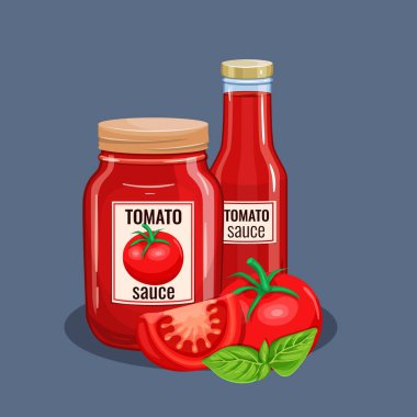 Domates sosu şişesi. Restoran menüsü için vektör illüstrasyonu.