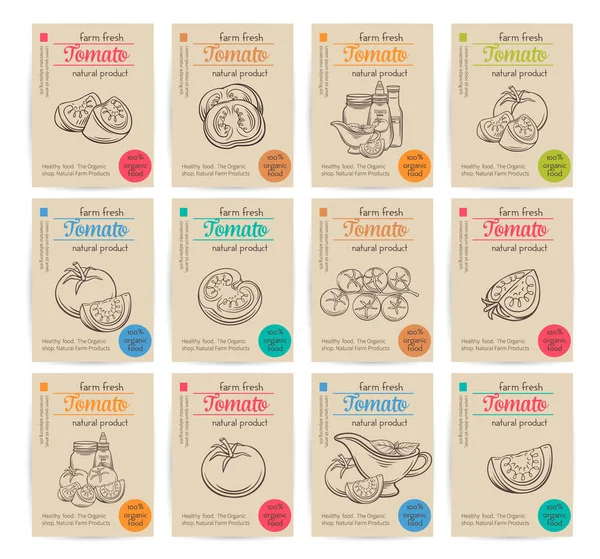 Conjunto Pancartas Diseño Tomate Hortalizas Decorativas Para Mercados Menú — Vector de stock