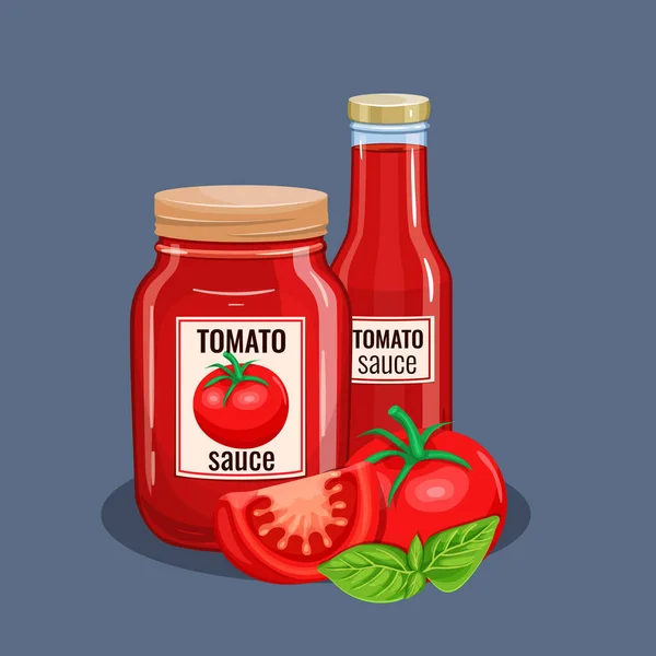 Flasche Mit Tomatensauce Vektorillustration Für Restaurant Speisekarte — Stockvektor