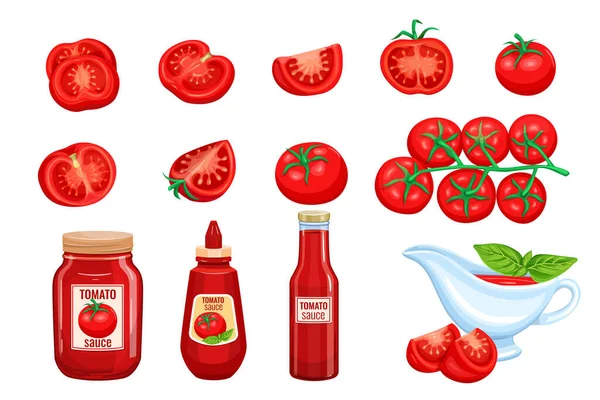 Stel Rode Tomatensaus Ketchup Pictogram Vector Illustratie — Stockvector