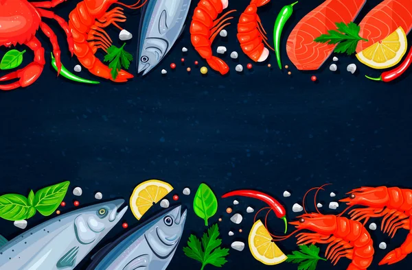 Vektor Makanan Laut Tuna Salmon Kepiting Dan Udang Dengan Herbal - Stok Vektor