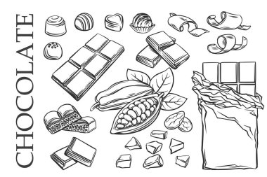 Outline chocolate set icons. Drawn candy, Cocoa Beans, Chips, and Chocolate Bar for confectionery products shop. Vector illustration. clipart