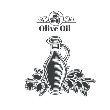 Bir şişe zeytin ve yağlı dekoratif vintage pankart. Zeytin yağının kabartma vektörü çizimi. 