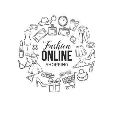 Vektör el çizimi çevrimiçi moda alışveriş ikonları, semboller ve rozetler. E-ticaret için poster yuvarlak kompozisyonu.