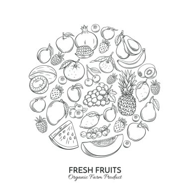 Pazar menüsü tasarımı için elle çizilmiş meyveli poster yuvarlak kompozisyonu. Sağlıklı gıda konsepti. Vektör vintage çizimi.