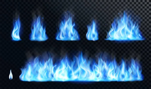 Juego Realista Llama Fuego Azul Fogata Llamarada Brillantes Pequeños Grandes — Archivo Imágenes Vectoriales