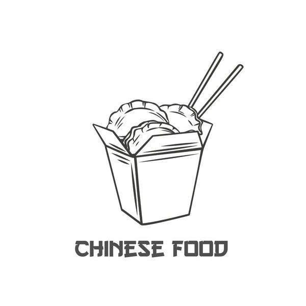 中国饭盒中的饺子 用筷子勾勒出大块菜式餐厅或咖啡店设计的图标 — 图库矢量图片