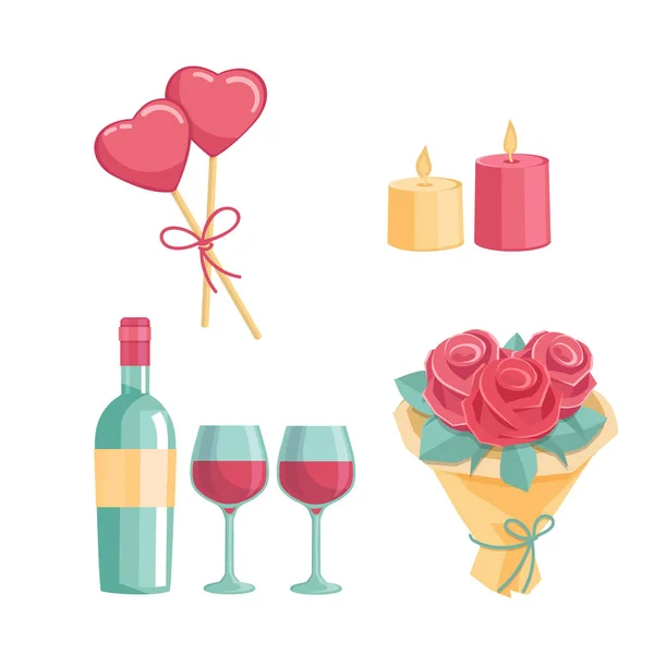 Icons Valentine Day Romantic Dinner Lovers Set Icons Flat Candles — Stock Vector