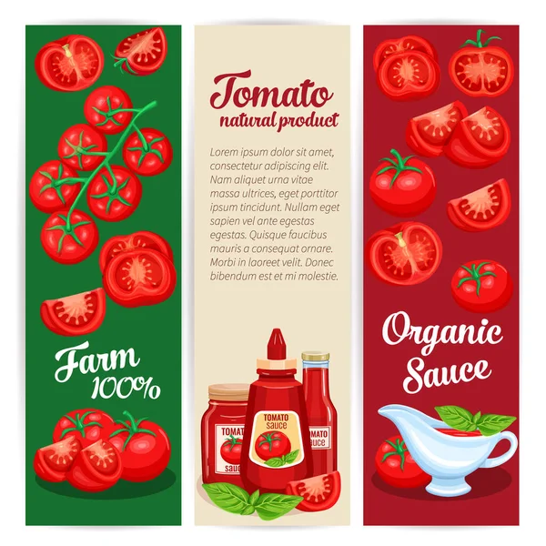 Sos Pomidorowy Zestaw Banerów Ilustracja Czerwonych Warzyw Rynkach Menu — Wektor stockowy