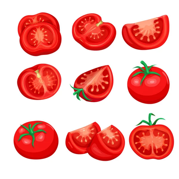 Vector Tomatenscheiben Set Vorhanden Rotes Bauerngemüse Isoliert Cartoon Stil Für — Stockvektor