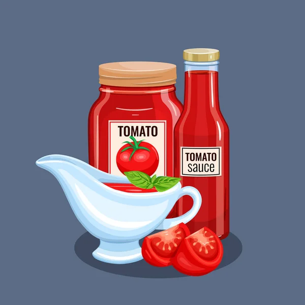 Bouteille Sauce Tomate Soucoupes Illustration Vectorielle Pour Menu Restaurant — Image vectorielle