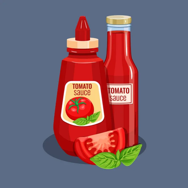 Botol Saus Tomat Ilustrasi Vektor Untuk Menu Restoran - Stok Vektor