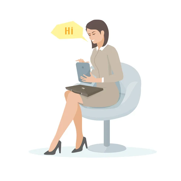 Young Woman Sitting Chair Using Tablet Cartoon Vector Illustration Young — Stock Vector