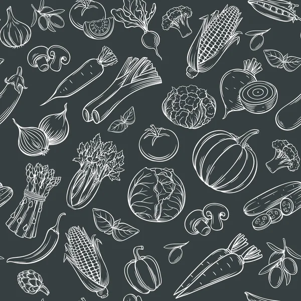 手描きの野菜のシームレスなパターン 健康食品ベクトルの背景 黒の白 — ストックベクタ