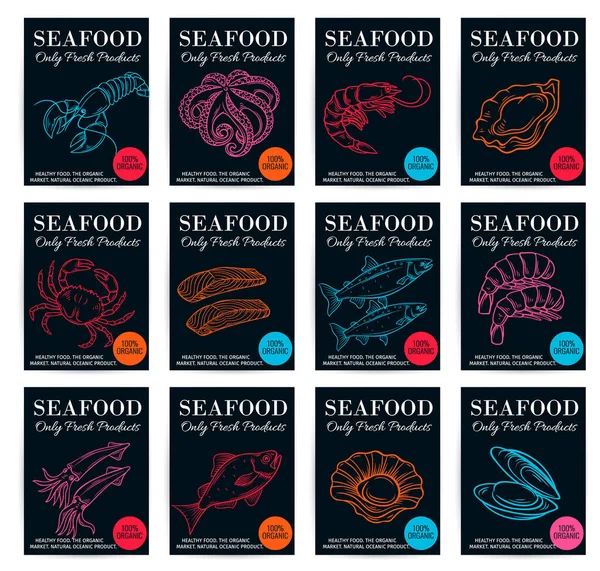Hand Drawn Seafood Product Poster Set Vector Illustration — Stock Vector