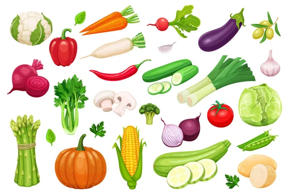 Iconos Verduras Vectoriales Establecidos Estilo Dibujos Animados Colección Productos Agrícolas — Vector de stock