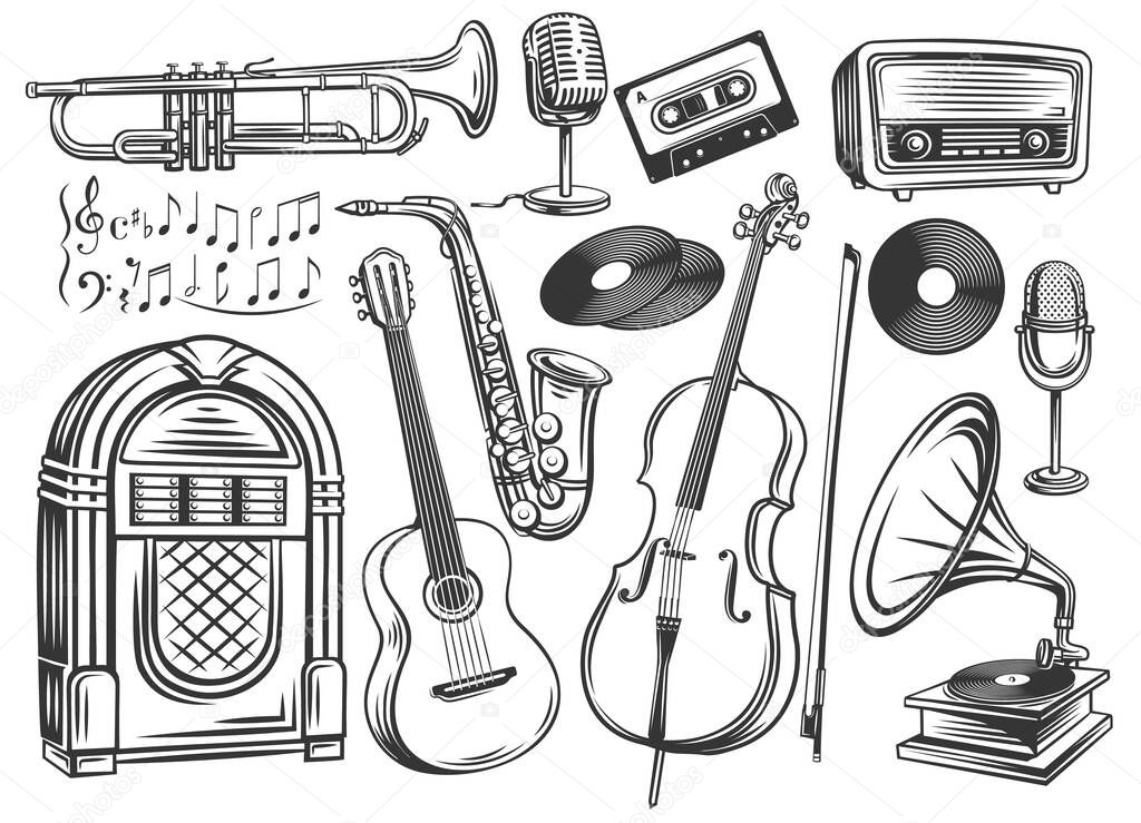 Musical instruments and symbols outline. Microphone, record, cassette, radio, saxophone and gramophone. Sheet music, jukebox, cello, trumpet and guitar retro style. Vector illustration.
