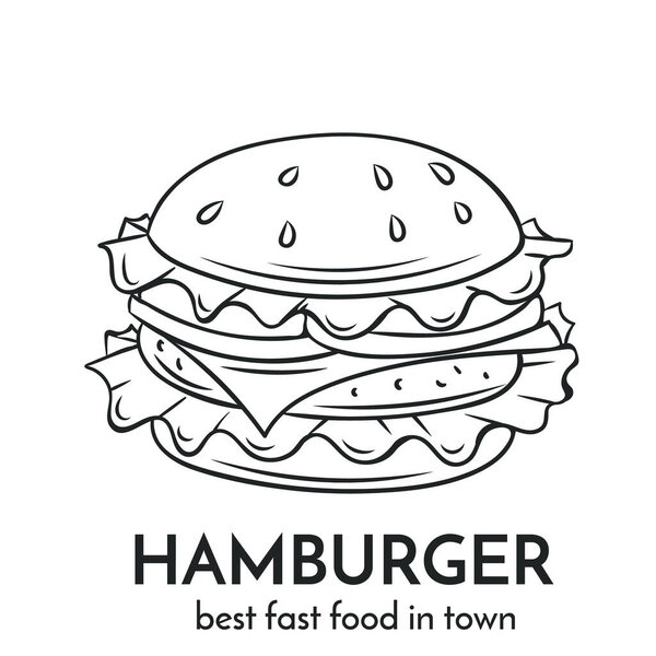 Hand drawn hamburger icon. Vector badge fast food sketch style for brochures, banner, restaurant menu and cafe