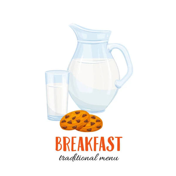 Jarra de leche y vaso con galleta — Vector de stock