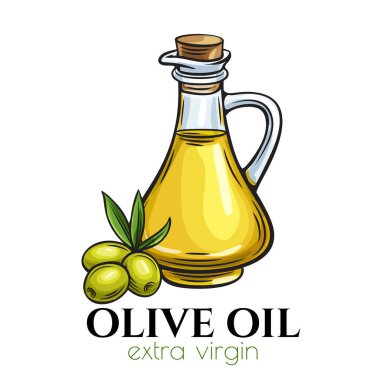 Vektör cam şişe zeytinyağı ve yapraklı zeytin. Eskiz tarzında illüstrasyon.