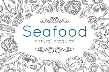 Vektör pankart çerçeve şablonu, midye, balık somonu, karides desenli deniz ürünleri tasarımı. Ürün pazarı için ıstakoz, kalamar, ahtapot, istiridye, ıstakoz, bok veya yumuşakça, istiridye, alfonsino ve ton balığı..