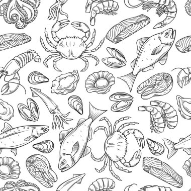 Vektör el, midyeli, balıklı somon balıklı ve karidesli dikişsiz deniz ürünleri deseni çizdi. Istakoz, mürekkep balığı, ahtapot, istiridye, ıstakoz veya bok, yumuşakça, istiridye, alfonsino ve ton balığı..