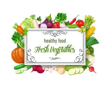 Sebze vektörlü banner şablonu. Sağlıklı yemek kavramı. Soğan, kabak, patlıcan ve kuşkonmaz. Lahana, biber, pancar ya da havuç. Mısır, kereviz ve mantar.