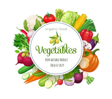 Vektör sebzeli yuvarlak pankart. Sağlıklı yemek kavramı. Lahana, biber, pancar ya da havuç. Soğan, kabak, patlıcan ve kuşkonmaz. Mısır, kereviz, mantar ya da daikon et al.