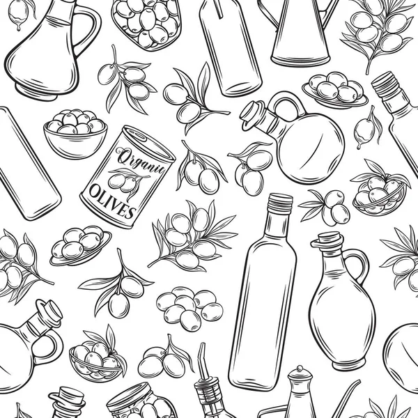 Nahtloses Muster Mit Handgezeichneten Skizzen Von Oliven Zweigen Glasflasche Krug — Stockvektor