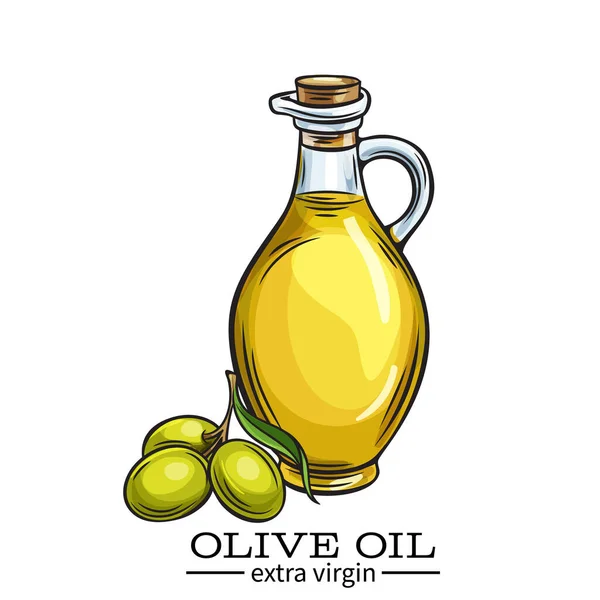 Vector Glasflasche Krug Mit Olivenöl Und Oliven Mit Blättern Illustration — Stockvektor