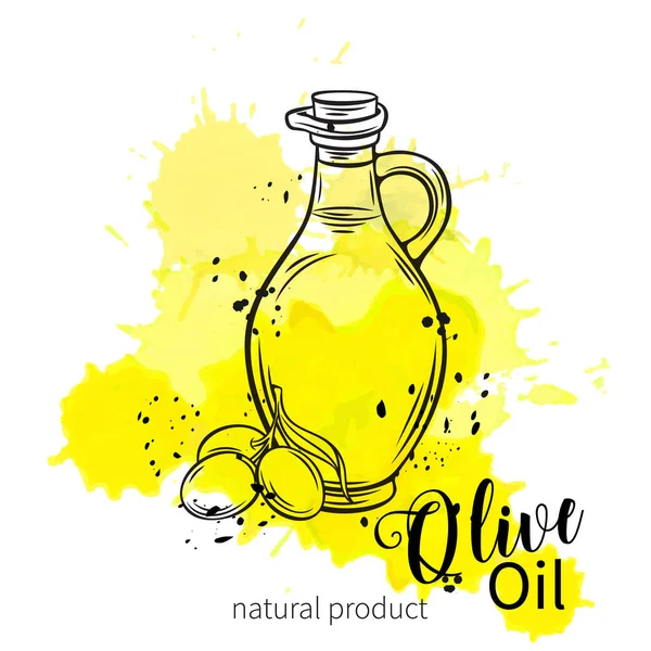 Vector Glass Bottle Olive Oil Olives Leaves Illustration Outline Retro — Stock Vector