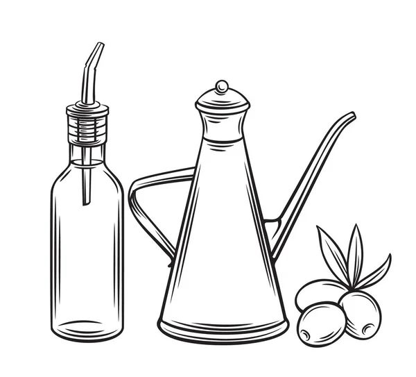 Glasflasche Mit Olivenöl Und Metallspender Mit Oliven Lebensmitteldesign Skizzieren — Stockvektor