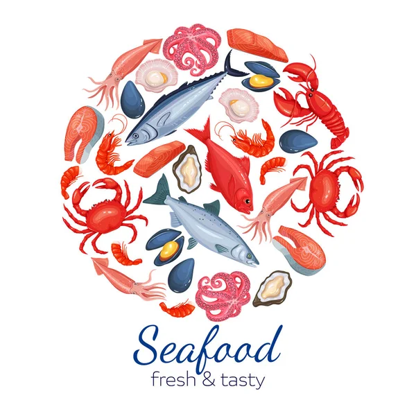 Bulat Templat Desain Halaman Makanan Laut Dengan Kerang Ikan Salmon - Stok Vektor