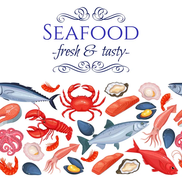 Seamless Border Seafood Products Page Design Mussel Fish Salmon Γαρίδες — Διανυσματικό Αρχείο
