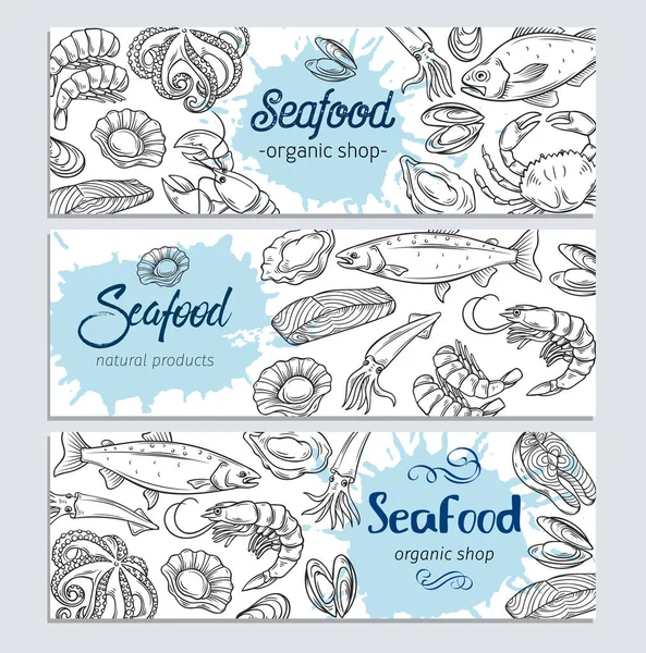 Vector Banner Template Hand Drawn Seafood Design Mussel Fish Salmon — Stock Vector